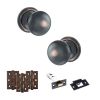 Old English Harrogate Door Knob Pack (Latch Set - 4" HD Latch, 3" Fire Rated Hinges x3) - Antique Copper