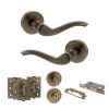 Old English Warwick Door Handle Pack (Bathroom Set - 2.5" CE Bathroom Lock, 3" Fire Rated Hinges x3) - Antique Brass