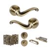 Old English Colchester Door Handle Pack (Bathroom Set - 2.5" CE Bathroom Lock, 3" Fire Rated Hinges x3) - Antique Brass