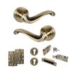Old English Colchester Door Handle Pack (Euro Lock Set - 3" CE Sashlock, 4" Slim Knuckle Hinges x2) - Antique Brass