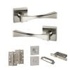 Senza Pari Guido Door Handle Pack (Bathroom Set - 3" CE Bathroom Lock, 4" Slim Knuckle Hinges x2) - Satin Nickel