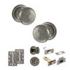 Old English Harrogate Door Knob Pack (Bathroom Set - 4" Deadbolt, 4" Slim Knuckle Hinges x2) - Distressed Silver