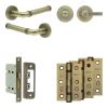 Complete Midtown Door Handle Pack - Bathroom Lock (Knurled Thumb Turn) - Antique Brass - 65mm / 3-inch Hinges - JE-G5B1-AB