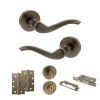 Old English Warwick Door Handle Pack (Bathroom Set - 2.5" CE Bathroom Lock, 4" Slim Knuckle Hinges x2) - Antique Brass
