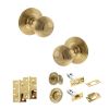 Old English Ripon Door Knob Pack (Bathroom Set - 4" Deadbolt, 4" Slim Knuckle Hinges x2) - Raw Brass