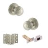Old English Ripon Door Knob Pack (Latch Set - 4" HD Latch, 3" Fire Rated Hinges x3) - Satin Nickel