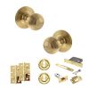 Old English Ripon Door Knob Pack (Lock Set - 3" Latch & Deadlock, 4" Slim Knuckle Hinges x2) - Raw Brass