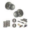 Old English Ripon Door Knob Pack (Lock Set - 3" Latch & Deadlock, 4" Slim Knuckle Hinges x2) - Distressed Silver