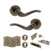 Old English Warwick Door Handle Pack (Euro Lock Set - 3" CE Sashlock, 4" Fire Rated Hinges x3) - Antique Brass
