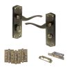 Old English Warwick Door Handle Pack (Bathroom Set - 3" CE Bathroom Lock, 4" Fire Rated Hinges x3) - Antique Brass