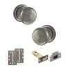 Old English Harrogate Door Knob Pack (Latch Set - 3" HD Latch, 4" Slim Knuckle Hinges x2) - Distressed Silver