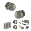Old English Harrogate Door Knob Pack (Lock Set - 3" Latch & Deadlock, 4" Slim Knuckle Hinges x2) - Distressed Silver