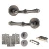 Old English Durham Door Handle Pack (Bathroom Set - 3" CE Bathroom Lock, 4" Fire Rated Hinges x3) - Matt Gun Metal
