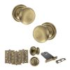 Old English Harrogate Door Knob Pack (Lock Set - Horizontal Bathlock, 4" Fire Rated Hinges x3) - Antique Brass