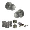 Old English Ripon Door Knob Pack (Lock Set - Horizontal Bathlock, 3" Fire Rated Hinges x3) - Distressed Silver