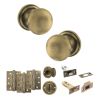 Old English Harrogate Door Knob Pack (Bathroom Set - 3" Deadbolt, 4" Fire Rated Hinges x3) - Matt Antique Brass