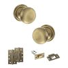 Old English Harrogate Door Knob Pack (Latch Set - 3" HD Latch, 4" Slim Knuckle Hinges x2) - Antique Brass