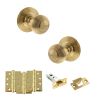 Old English Ripon Door Knob Pack (Latch Set - 4" HD Latch, 4" Fire Rated Hinges x3) - Raw Brass