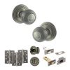 Old English Ripon Door Knob Pack (Bathroom Set - 3" Deadbolt, 4" Fire Rated Hinges x3) - Distressed Silver