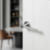 Oro & Oro Stradi Lever Door Handle on Round Rose - Satin Chrome (Pair)
