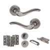 Old English Warwick Door Handle Pack (Bathroom Set - 3" CE Bathroom Lock, 3" Fire Rated Hinges x3) - Distressed Silver