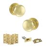 Old English Harrogate Door Knob Pack (Latch Set - 3" HD Latch, 3" Fire Rated Hinges x3) - Polished Brass