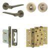 Complete Gio Door Handle Pack - Bathroom Lock (Standard Thumb Turn) - Antique Brass - 76mm / 4-inch Hinges - JE-E6A3-AB