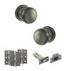 Old English Harrogate Door Knob Pack (Latch Set - 4" HD Latch, 3" Fire Rated Hinges x3) - Matt Gun Metal