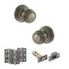 Old English Ripon Door Knob Pack (Latch Set - 3" HD Latch, 3" Fire Rated Hinges x3) - Matt Gun Metal