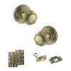 Old English Ripon Door Knob Pack (Latch Set - 3" HD Latch, 4" Slim Knuckle Hinges x2) - Antique Brass