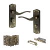 Old English Warwick Door Handle Pack (Bathroom Set - 2.5" CE Bathroom Lock, 3" Fire Rated Hinges x3) - Antique Brass