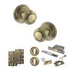 Old English Ripon Door Knob Pack (Lock Set - 3" Latch & Deadlock, 4" Slim Knuckle Hinges x2) - Antique Brass