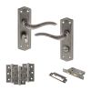 Old English Warwick Door Handle Pack (Bathroom Set - 2.5" CE Bathroom Lock, 3" Fire Rated Hinges x3) - Distressed Silver