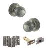 Old English Ripon Door Knob Pack (Latch Set - 3" HD Latch, 4" Fire Rated Hinges x3) - Distressed Silver