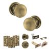 Old English Harrogate Door Knob Pack (Bathroom Set - 3" Deadbolt, 3" Fire Rated Hinges x3) - Matt Antique Brass