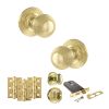 Old English Ripon Door Knob Pack (Lock Set - Horizontal Bathlock, 3" Fire Rated Hinges x3) - Polished Brass