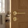 Complete Midtown Door Handle Pack - Bathroom Lock (Knurled Thumb Turn) - Satin Brass - 76mm / 4-inch Hinges - JE-G6A1-SB