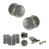 Old English Harrogate Door Knob Pack (Lock Set - Horizontal Bathlock, 3" Fire Rated Hinges x3) - Distressed Silver