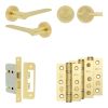 Complete Gio Door Handle Pack - Bathroom Lock (Plain Thumb Turn) - Satin Brass - 65mm / 3-inch Hinges - JE-E5B2-SB