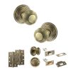 Old English Ripon Door Knob Pack (Bathroom Set - 4" Deadbolt, 4" Slim Knuckle Hinges x2) - Antique Brass