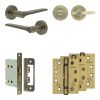 Complete Gio Door Handle Pack - Bathroom Lock (Plain Thumb Turn) - Antique Brass - 76mm / 4-inch Hinges - JE-E6A2-AB