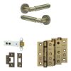Complete Bloom Door Handle Pack - Heavy Duty Latch - Antique Brass - 102mm / 3-inch Hinges - JE-B22B-AB