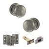 Old English Harrogate Door Knob Pack (Latch Set - 3" HD Latch, 3" Fire Rated Hinges x3) - Distressed Silver