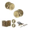 Old English Harrogate Door Knob Pack (Lock Set - Horizontal Sashlock, 3" Fire Rated Hinges x3) - Antique Brass