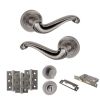 Old English Colchester Door Handle Pack (Bathroom Set - 3" CE Bathroom Lock, 3" Fire Rated Hinges x3) - Distressed Silver