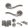 Old English Warwick Door Handle Pack (Bathroom Set - 2.5" CE Bathroom Lock, 4" Fire Rated Hinges x3) - Distressed Silver