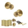 Old English Ripon Door Knob Pack (Lock Set - Horizontal Bathlock, 4" Fire Rated Hinges x3) - Raw Brass