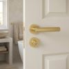 Complete Hex Door Handle Pack - Bathroom Lock (Standard Thumb Turn) - Satin Brass - 76mm / 3-inch Hinges - JE-C6B3-SB