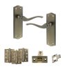 Old English Warwick Door Handle Pack (Latch Set - 3" CE Latch, 4" Fire Rated Hinges x3) - Matt Antique Brass