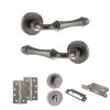 Old English Durham Door Handle Pack (Bathroom Set - 3" CE Bathroom Lock, 4" Slim Knuckle Hinges x2) - Distressed Silver